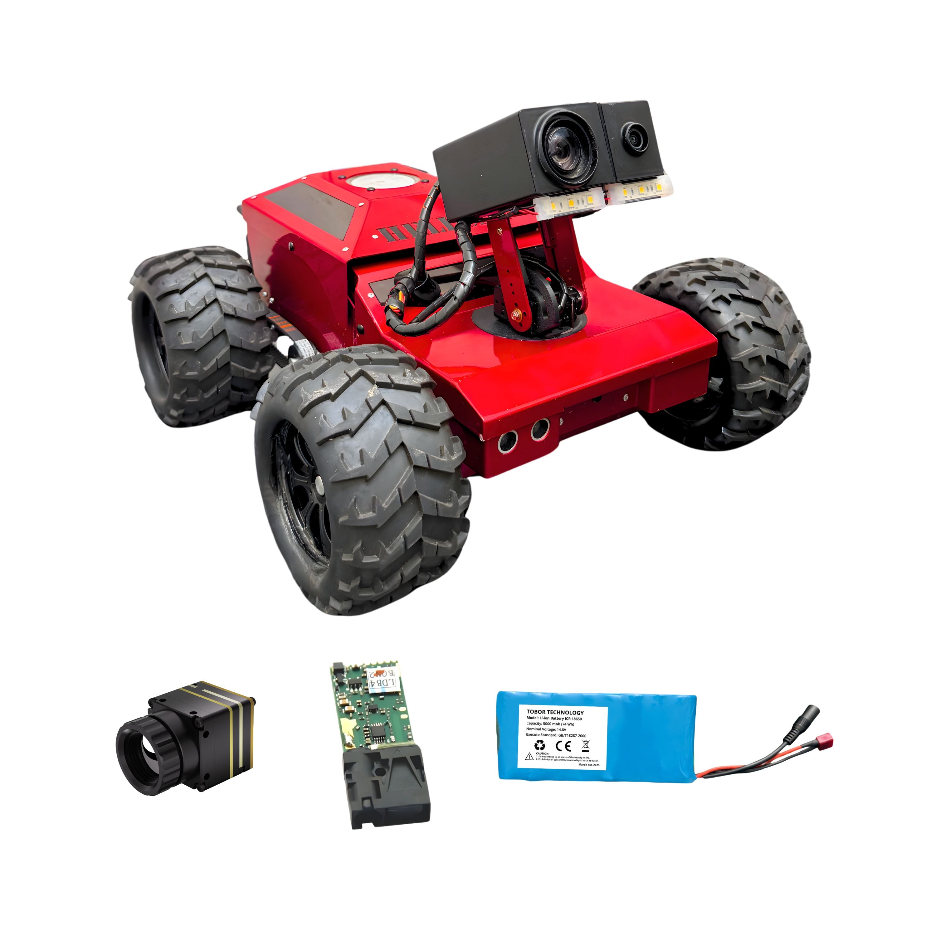 Red robot chassis with large wheels, camera, and battery on a white background