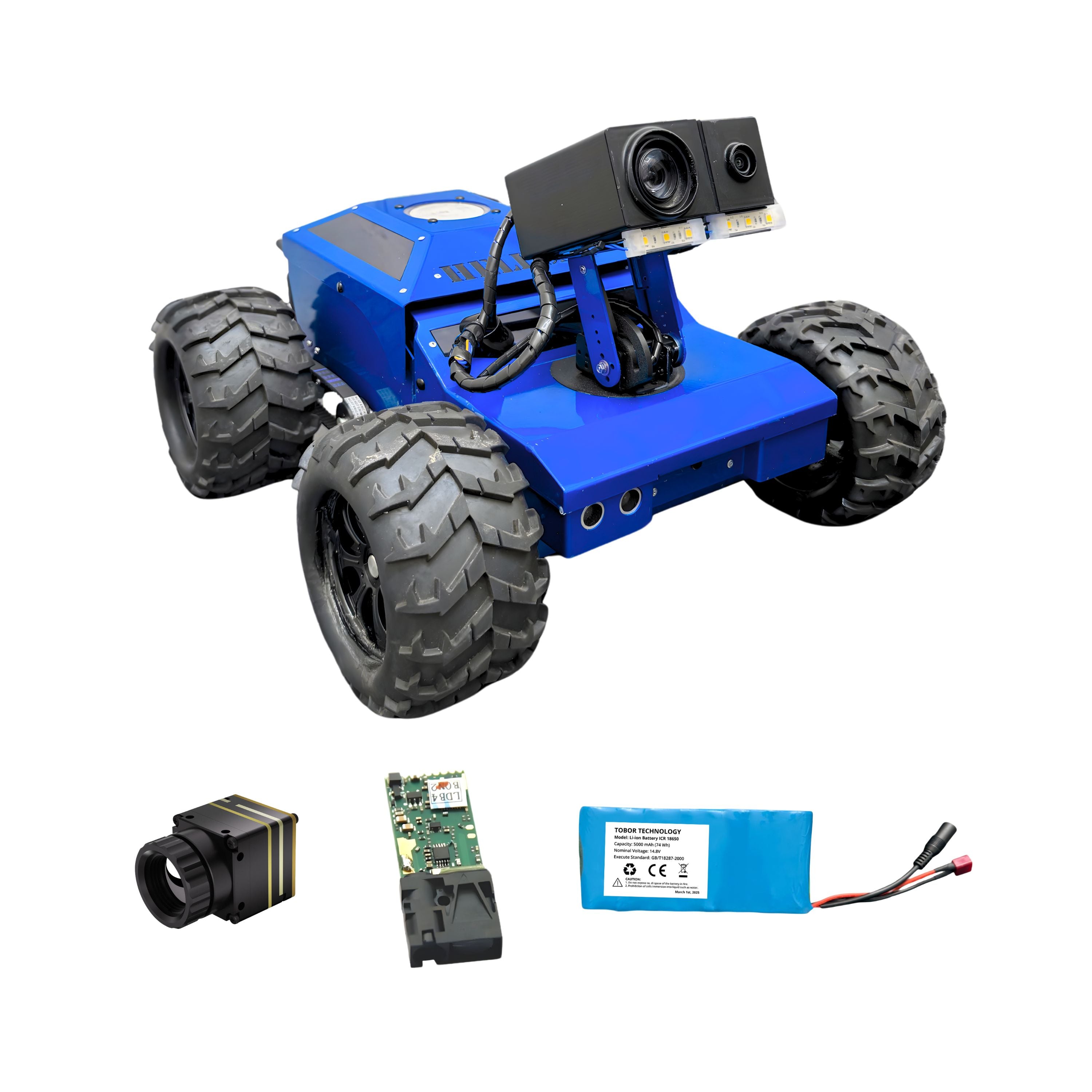 Blue robot chassis with large wheels, camera, and battery on a white background