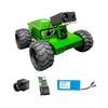 Green robot chassis with large wheels, camera, and battery on a white background
