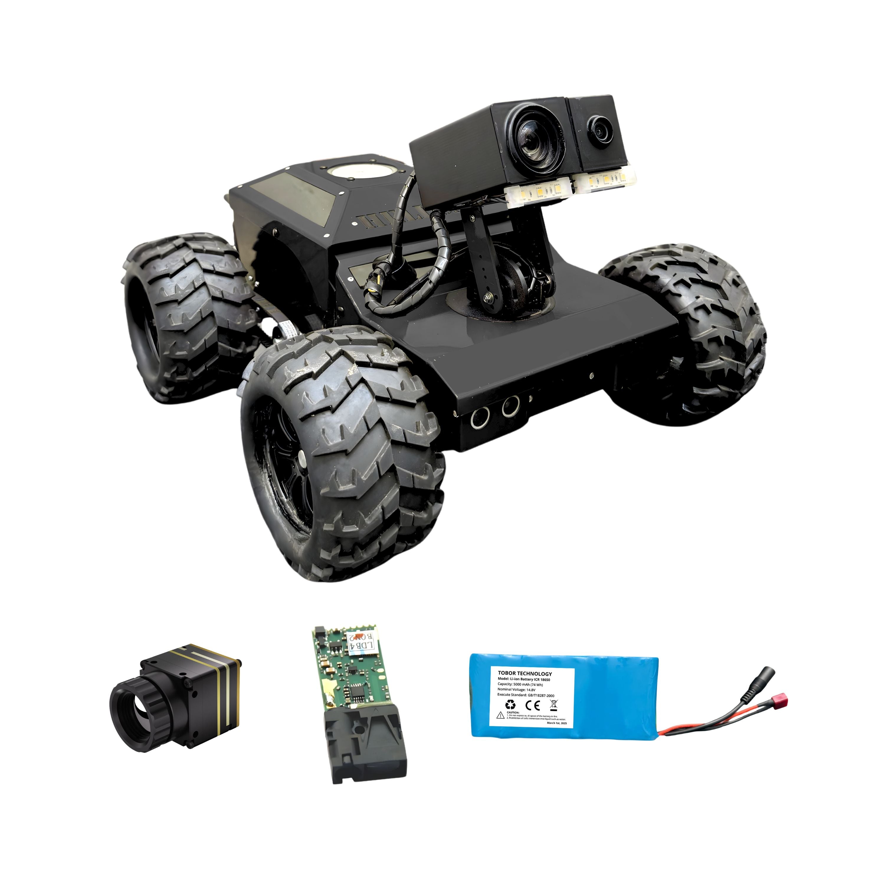Robot chassis with off-road tires, camera, and battery on a white background