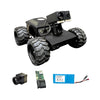 Robot chassis with off-road tires, camera, and battery on a white background