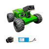 Green robot vehicle with large wheels, camera, and accessories on a white background