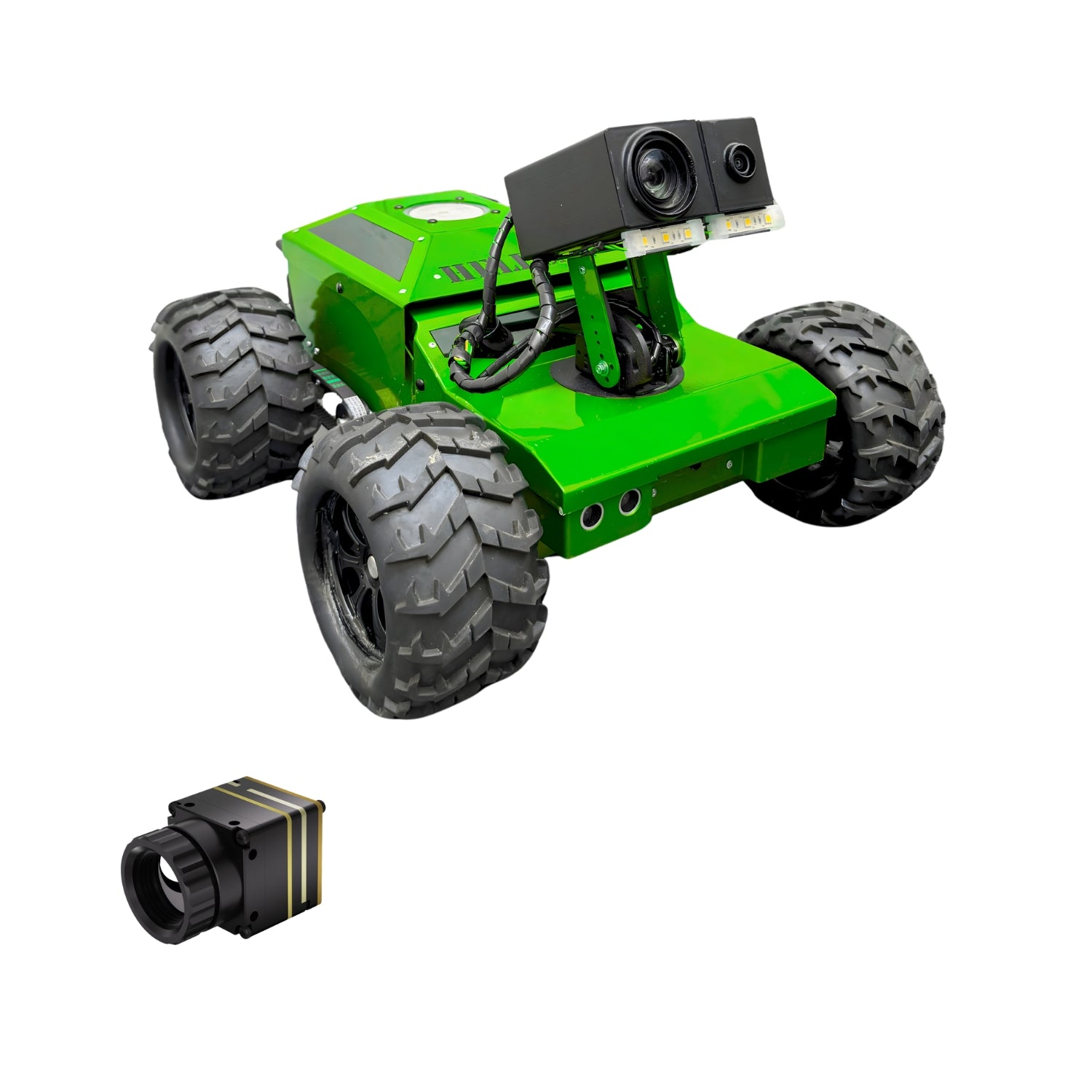 Green robot car with large wheels and a camera on a white background