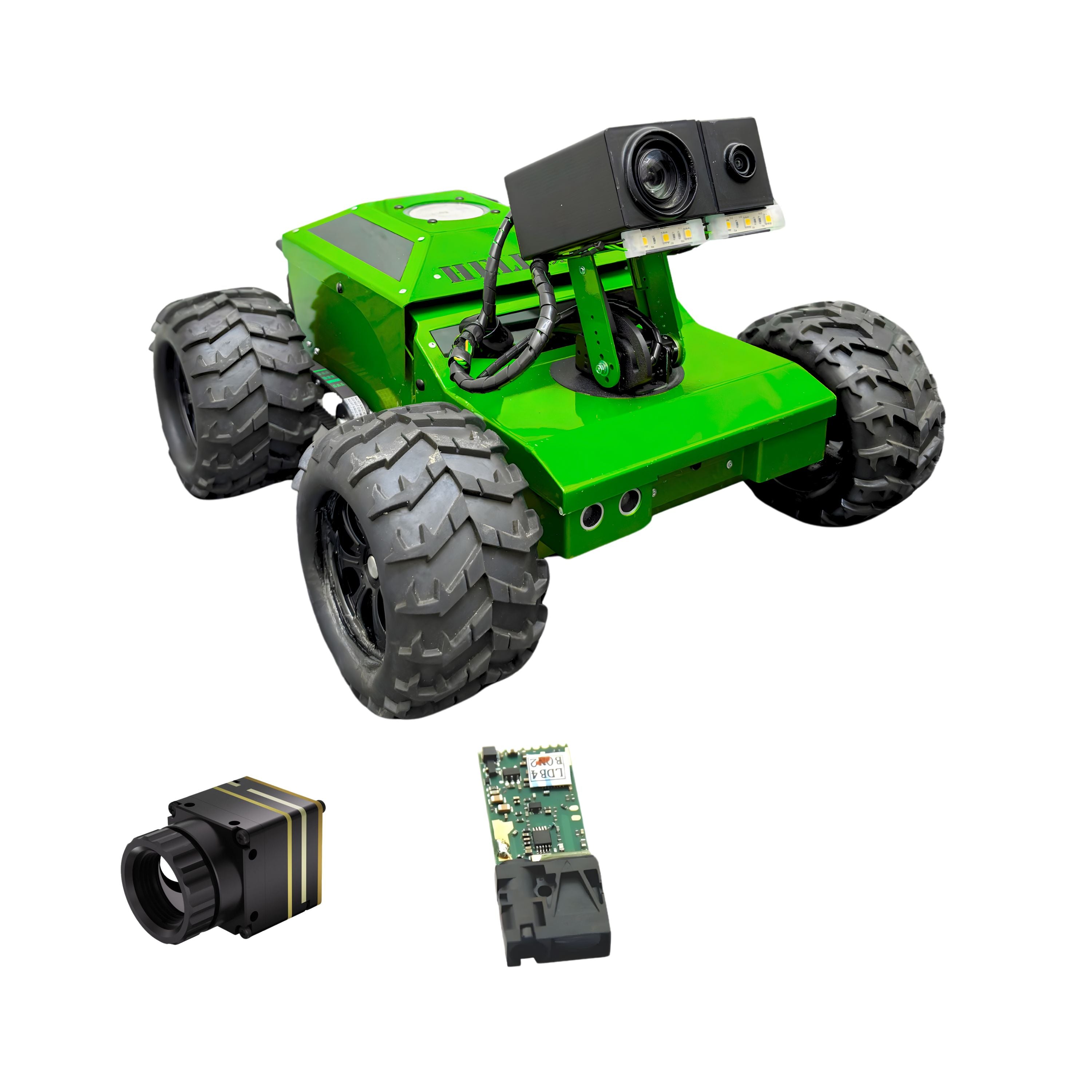 Green robot chassis with large wheels and attached components on a white background